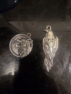 Lot Of 2 Pendants CROW & WOLF Silver Tone Necklace Pendants. No Necklace.